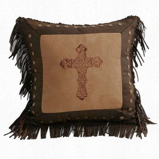 Hiend Accents Ws3282p4 Crosse S Square Embroidered Decorative Pillow In Tan/brown Wih Metal Studs A Nd Fringe