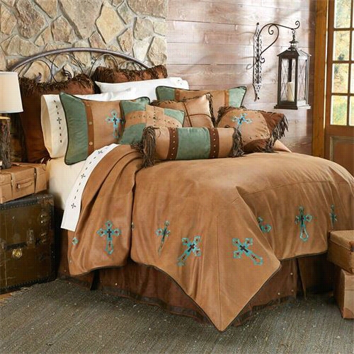 Hiend Accents Ws4183-sk-oc Las Crucez Ii 110" X 96" King Comforter Set In Tan/turquoise