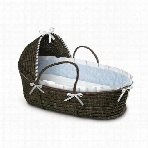 Badger Baskets 00965 Espresso Moses Basket Witth Hood And Blue Gingham Bdding