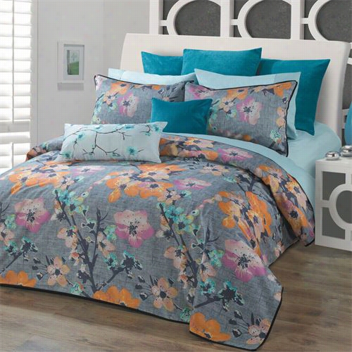 Daniadown 55674d7 Yuki Queen Duvet Cover Set In Grey Background With Aqua, Pink And Turquoise Flowers