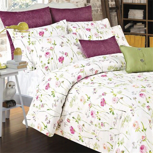 Daniadown 5559 4d6 Provence Double Duvetc Oover Set In White Bacground With Pink Flowers And Green Leaves