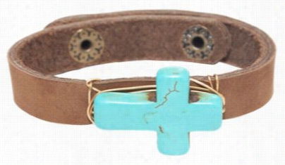 Amanda Bul Single Leather Wrap Bracelet Woth Turquoise Cross - 7'