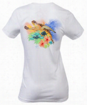 Guy Harvey Turtle Hibiscus T-shirt Against Ladies - White - L