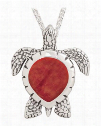 Kabana Jewelry Stedling Silver 20' Necklace With Large Turtle Pendant - Spiny Oyster Red