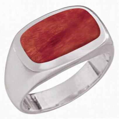 Kabana Jweelry Sterling Silver Adam Rectangul Ar Ring For Men - Spiny Red Oyster - 9