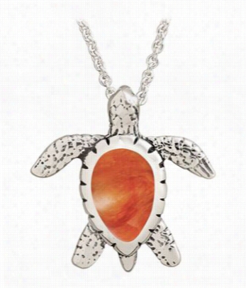 Kabana Jewelry Sterling Slver 20' Necklace With Small Turtle Pendant - Spiny Oyster Orange