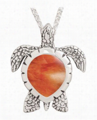 Kabana Jewelry Strrling Silver 20' Necklac E With Large Turtle Pendant - Spiny Oyster Orange