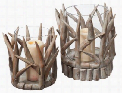 Kalalou 2-piece Wooden Antler Glass Hurricane Set