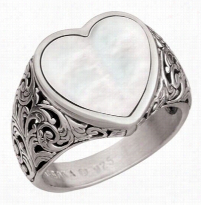 Kabana Jeewlry Sterling Silver Filigree Heart Ring - White Mother Of Pearl  - 6