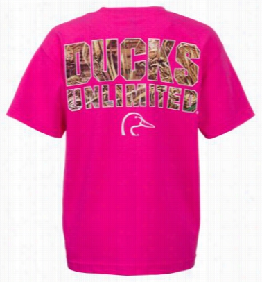 Ducks Unlimited Collegiiate Camo T-shirt For Kids - Hot Pink - Xs