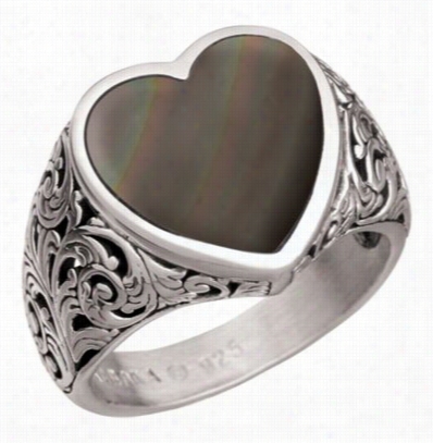 Kabana Jewelry Sterrling Silver Filigree Heart Ring - Black Mother Of Pearl - 5