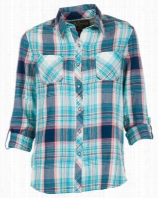 Natural Rwflections Plaid Roll-sleeve Shirt Because Ladies - Lake Blue-  L