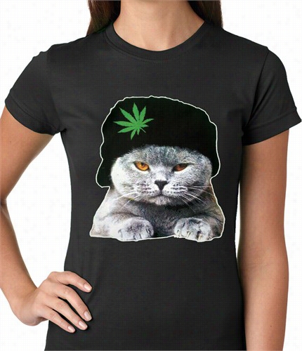 Cat Wearing Pot L Eaf Hat Ladies T-shirt