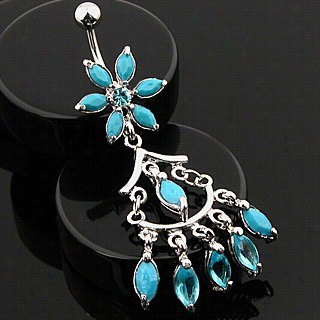 Navel Body Jewelry - Turquoise Flower W// Chandelier Danlge Belly Button  Ring