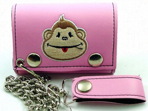 Pink Monkey Embroidered Chain Wallet