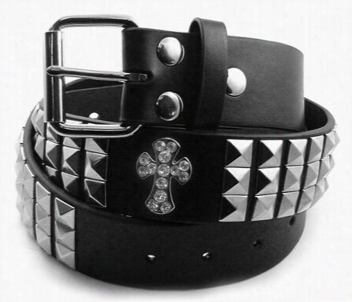 Rhinestonee Crosses And Pyramid  Tsudded Leather Belt