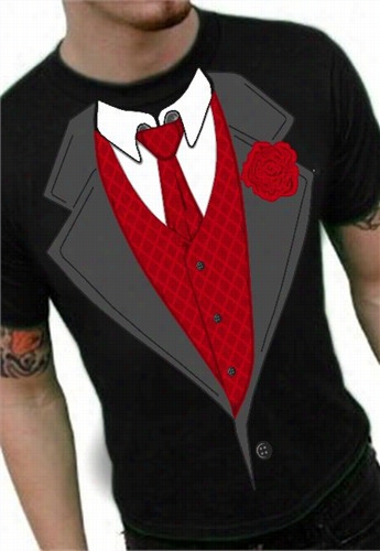 Tuuxedo Shirts -  Formal Tuxdo T-shirt With Red Tie And Rose