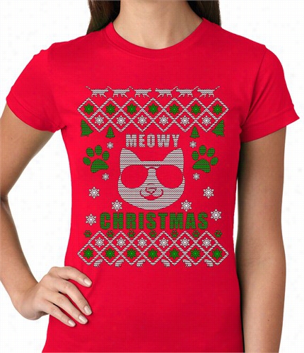 Meowy Christmas - ?cool Cat With Glasses? Ugly Christmas Ladies T-shirt