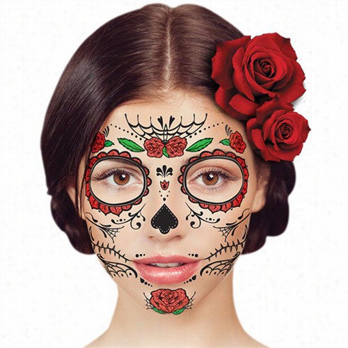 Transitory Face Tattoo - Day Of The Dead Red Rose