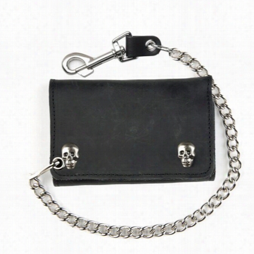 Etra Large Black Leater Tri-fold Wallet With Skull Snaps And 12 Inch Chain