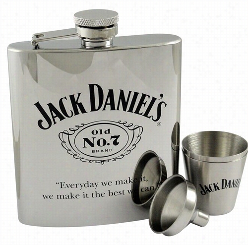 Jack Daniels 7oz Stainless Steel Flask Withf Unnel And Shot Glasses