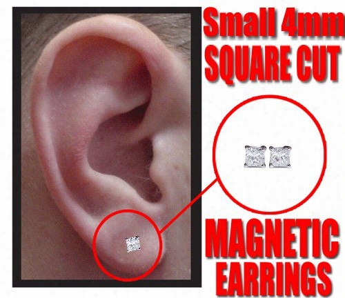 Magnetic C.z Pair Of Square Cut Earrings (small 4mm)