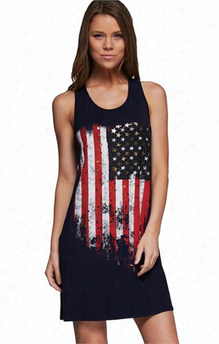 Sleeveless American Flag Print Tunic Dress (navy  Blue)