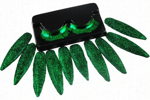 St. Patrick's Dday Kelly Green Eyelashes And Sparkle Nail Set