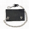 Extra Large Black Leather Tri-Fold Wallet With Skull Snaps and 12 Inch Chain