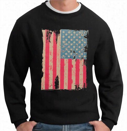 Faded And Distressef American Flag  With Hot Pink Stripes Crew Neck Sweatshirt