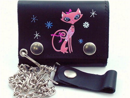 Pretty Pink Kitty  Genuine Leather Chain Wallet