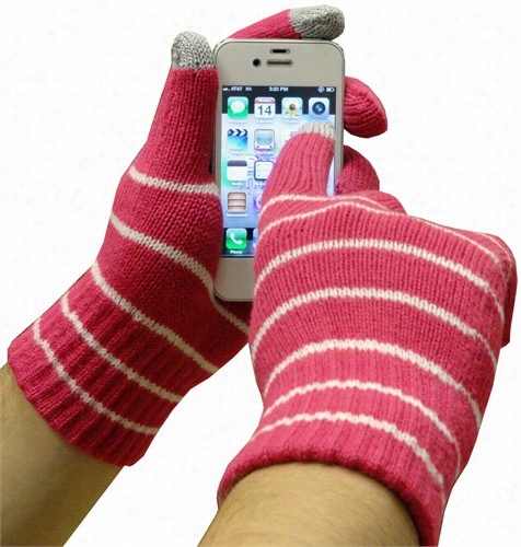 Texting Gloves - Pair Of Gloves For Touhc Screens (pink W/ White Stripes)