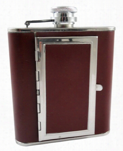 Brown 5 Oz. Flask With Built In Cigarette Case (for Regular Size Cigqrettes)