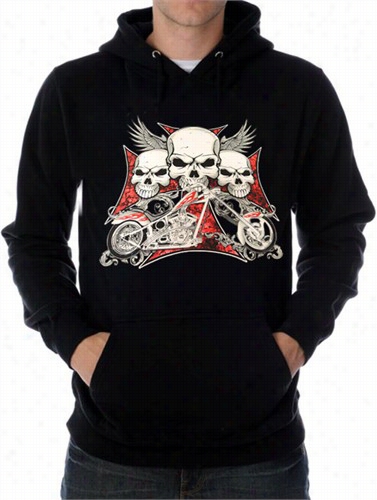 Biker Hoodiie - &quot;flying Skulls Of Death&akp;quot;  Motorcycle Sweatshirt (b Lack)