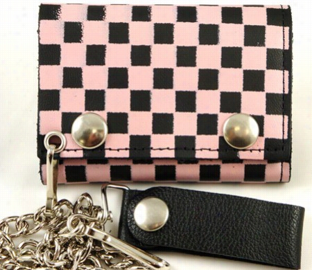 Pink Checkerboard Geniune Leather Chain Wallet