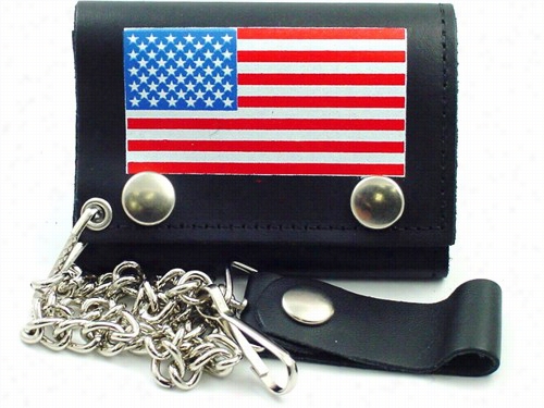 Amercan Flag Genuine L Eather Chain Wallet