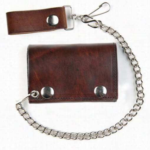 Antique Brown Leather Tri-fold Wallet With 12 Inch Chain