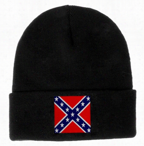 Black Knitted Beanie With Embroidered Rebel Confederate Flag