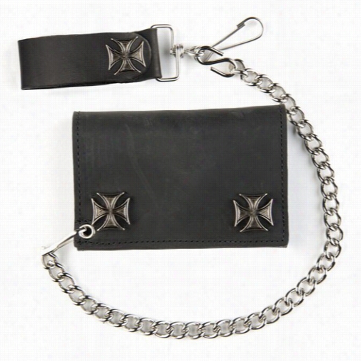 Dismal Leather Tri-fold Wallet With Iron Cross Snaps And 12 Inch Chain