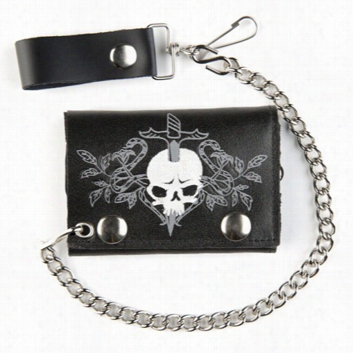 Skull And Sword Black Leather Trifolf Wallet With 12 Inch Chain