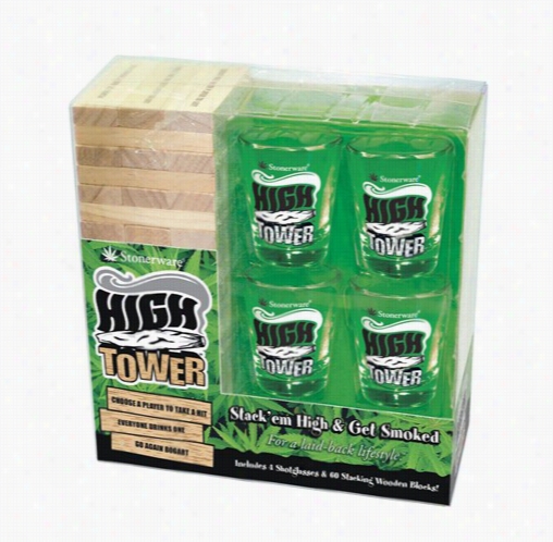 Stonerware High Tower Stacking Wooden Blocks, With 4 Shot Glasses Set