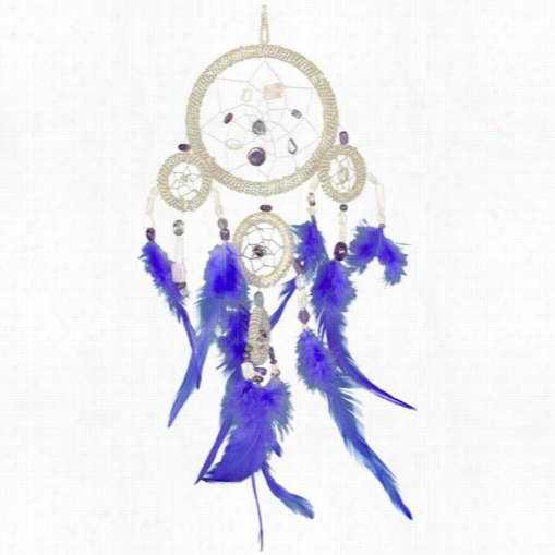 Large Quartz Beaded Draem Catcher With Blue Feathers