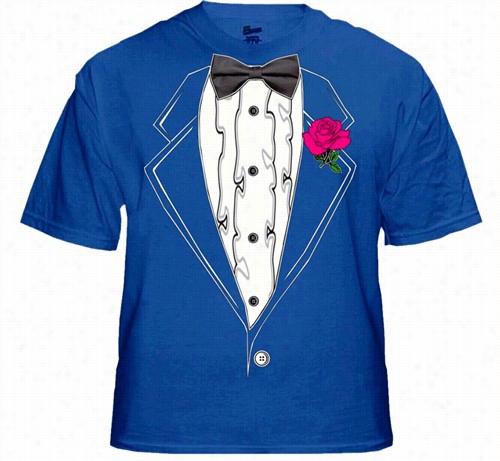 Tuxedo T-shirts - Menss Ruffled Tuxedo T--shirt With Pink Rose (royal Blue)