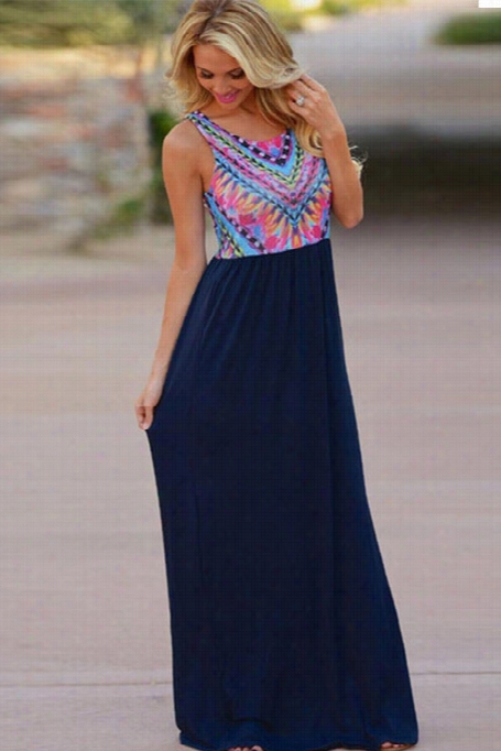 Flowy Tribal Pri Nt Sleeveless Long Dress