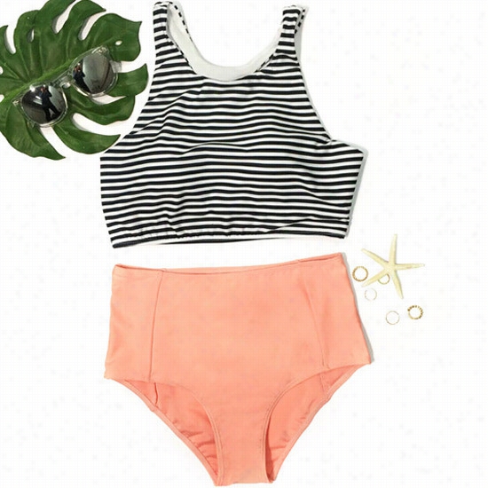 Give The Summer A Hit Striped Top And Orange Bottom Bikini Sets