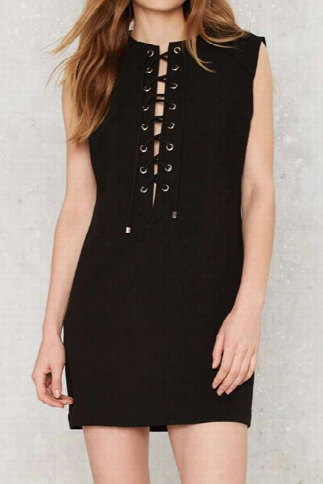 Here And There Black Lace Up Dress