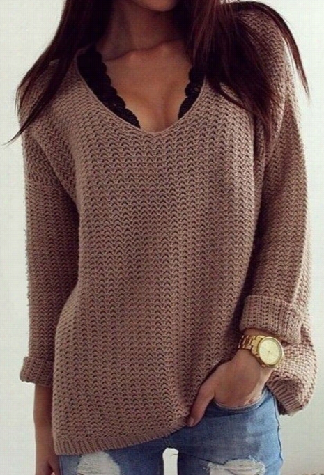 Just Female Voice Brown Plunging Sweater