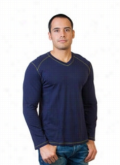 Long Sleeve V  Nneck T-shirt With Trim - Navy Blue/green