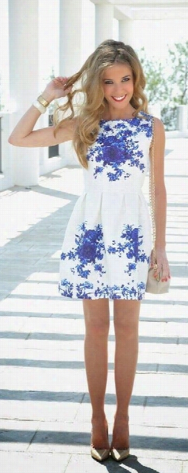 Porcelain Floral Print Flare Mini Dress