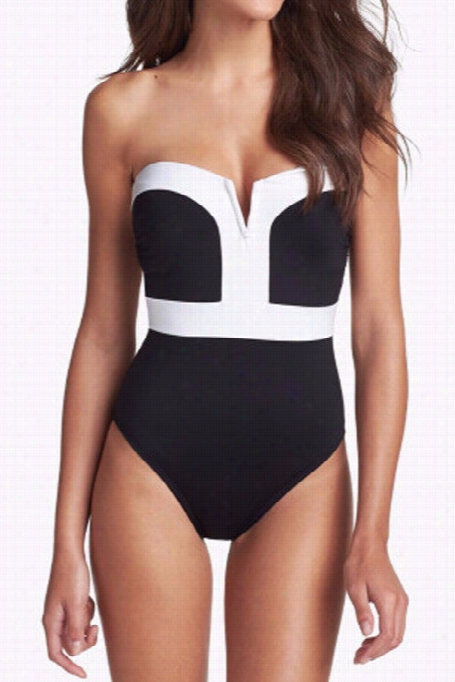 Simple Contrast Black And White One-piece Swimsuits